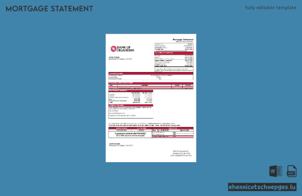 USA Bank of Oklahoma Hypothekenabrechnung in Word- und PDF-Formaten – Beispielvorschau
